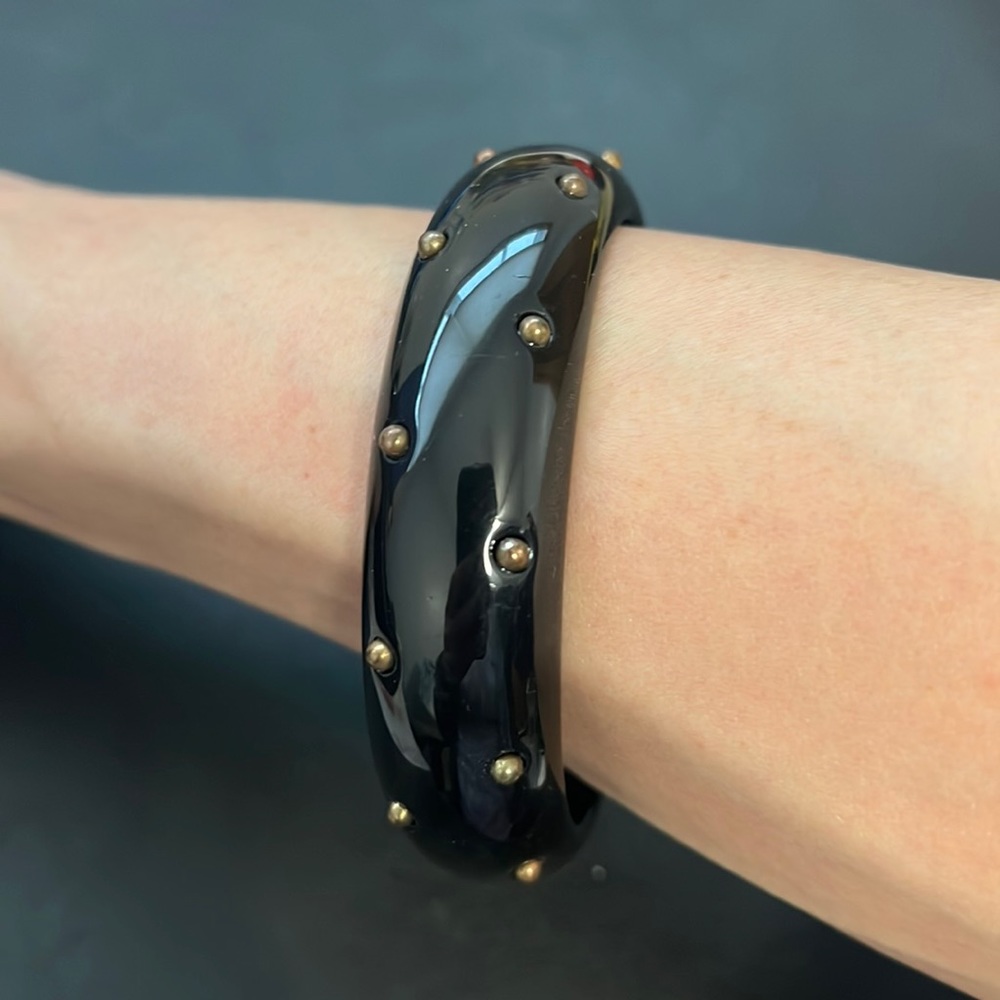Vintage Plastic Lucite Bangle Bracelet, Black, Studs, Retro, Boho